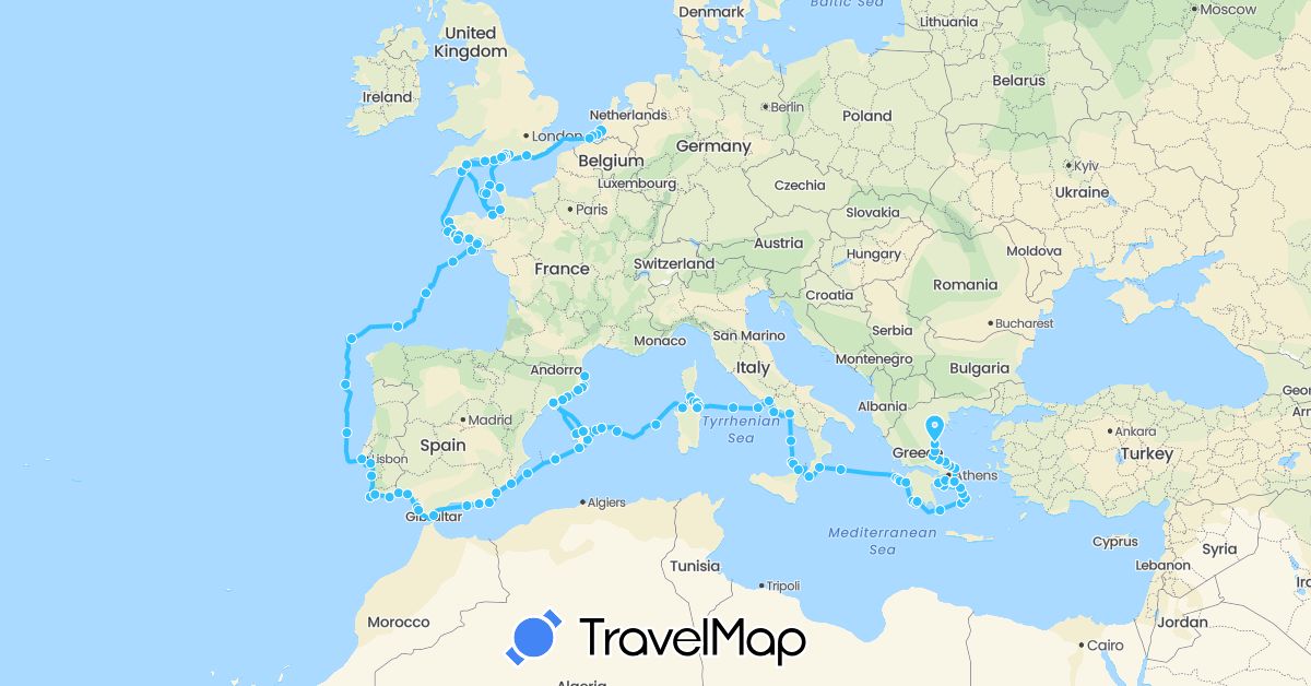 TravelMap itinerary: driving, boat in Spain, France, United Kingdom, Guernsey, Greece, Italy, Netherlands, Portugal (Europe)